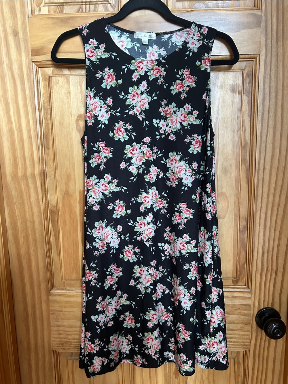 nine britton Black Mini Dress with Pink Floral Print